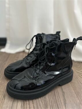 Women’s Black Patent Lace-Up Combat Boots